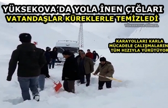 Yüksekova’da yola inen çığları, vatandaşlar küreklerle temizledi