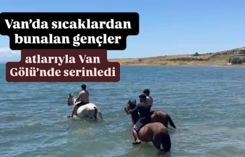Van’da sıcaklardan bunalan gençler, atlarıyla Van Gölü’nde serinledi