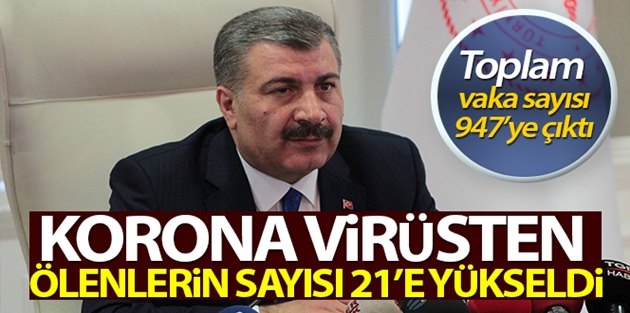 Türkiye'de kornavirüsten ölenlerin sayısı 21'e, vaka sayısı 947'ye yükseldi