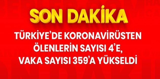 Türkiye'de koronavirüsten ölenlerin sayısı 4'e, vaka sayısı 359'a yükseldi